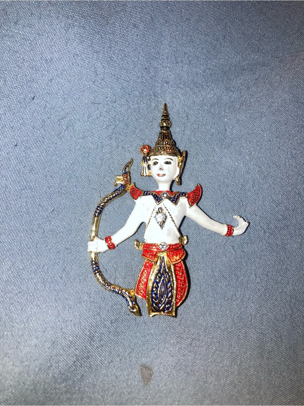Ramayana bow character
Thai-style Enamel Archer Brooch in White, Red & Gold